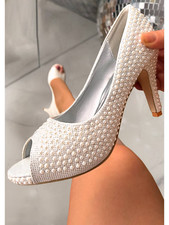 Woman's Ivory Pearl Bridal Shoe 4" Heel Open Toe Wedding Shoes UK Size 2-8