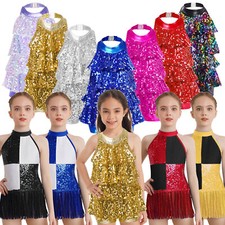Girls Shiny Sequins Halter Tassel Mini Dress Latin Jazz Salsa Sa mba Dancewear