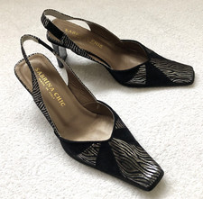 SABRINA CHIC - BLACK & SILVER ITALIAN LEATHER SLING BACKS - size 4 - FREE POST