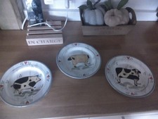 3 English Country Pottery Plates. Primative Design.. Cow Sheep Pig.