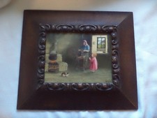 Old Oil On Board Painting featuring a woman at a spinning wheel Signed S Baker