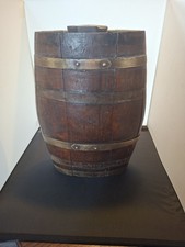 VINTAGE SMALL ORNAMENTAL WOODEN BARREL WITH SOME BRASS BANDS SOME MISSING