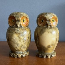 Pair Of Vintage Hand-carved Alabaster Stone Owl Bird Figurines Made in Italy