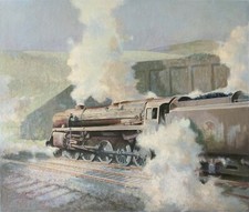 OUTSTANDING ORIGINAL VINTAGE LOCOMOTIVE STEAM TRAIN STUDY OIL ON BOARD PAINTING