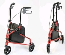 NRS Healthcare 3 Wheel Steel Rollator Walker Walking Aid with Bag Red New