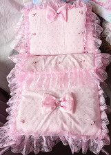 DOLLS PRAM SET PINK BRODERIE ANGLAISE  AND LACE SILVER CROSS COACH BUILT