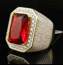 MENS RING GOLD COLOUR CLASSIC VINTAGE LUXURY RED STONE RING CZ PARTY FASHION