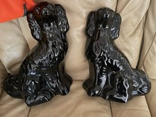 Rare Vintage Pair Of Ceramic Black Staffordshire Jackfield Spaniel Figurines