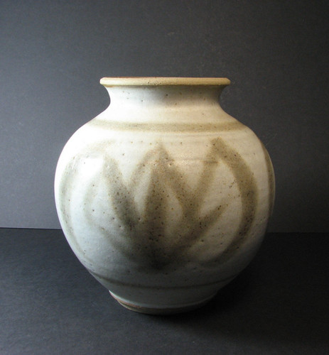 Studio pottery lotus brushwork - pottery,