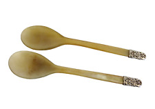 Serving Spoons Salad Faux Horn Silver Tipped Flatware Cutlery Servers Vintage
