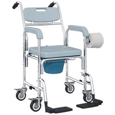 HOMCOM 4 in 1 Shower Chair with Wheels, Bedside Commode Wheelchair, Grey