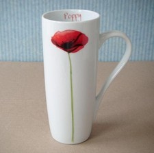 Dunelm Poppy Tall/Slim Latte/Coffee Mug, White with Red Poppy Ceramic Floral VGC