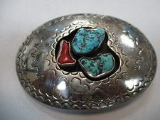Vtg Sterling Native American Navajo Shadow Box Turquoise Coral  Belt Buckle