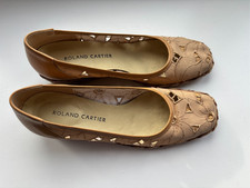 Beige Roland Cartier Wedged Hessian Heel Embroidered Shoes Leather Trim Size 4