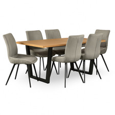 Seina Solid Oak Dining Table And Six Grey Dining Chairs With Black Metal Legs