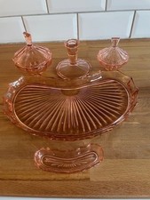 Vintage Art Deco Pink/Peach Glass Dressing Table Vanity Set