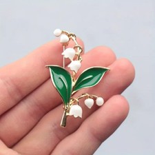 Green Lily of the Valley Flower Pin Brooch in Stainless Steel - Gift Boxed