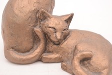 Bronze Effect Cat Sculpture Ornament Signed PJ Two Resting Cats Figurine