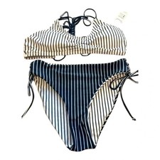 Ladies Navy & White Striped Bikini Size M/10 Reversible Bottoms