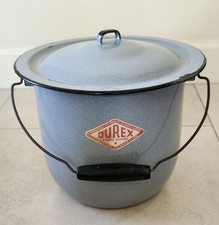 Vintage Durex Gray Enamel Ware Chamber Pot With Lid & Wood Handle with Label