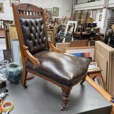 Antique Leather Button Back Low Slipper  Chair Chesterfield Deep Button