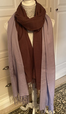 Two Ladies TieRack Frangi 100% fine wool large pashmina shawl, Brown, Lavender