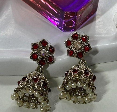 Red gold jhumka earrings - gold, |
