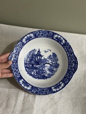Vintage 1930s Olde Alton Ware Serving Bowl: Blue Transferware Pagoda Scene