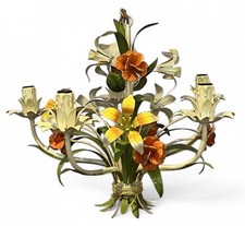 Mid Century Italian Toleware Metal Painted Flowers Chandelier