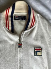 Mens Vintage Fila White Line White Cream Red & Blue Velour Track Top XL