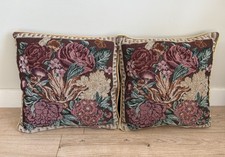 Vintage Floral Tapestry Cushion Cover Pair 15x15” Burgundy Rose Design Rope Trim