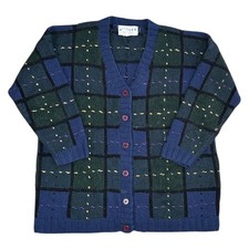 Jaeger Plaid Knit Cardigan Hand Knitted Wool Blend Blue Sweater Womens Large