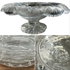 WATERFORD IRISH CUT GLASS ENGRAVED ROLL EDGE FRUIT 11” Bowl + 6 ICE PLATES C1900