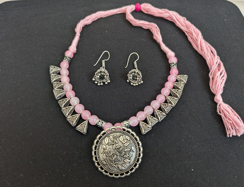 Pink beaded oxidized necklace - beaded,
