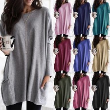 Women's Shirt Casual Blouse Long Tops Tee Pullover Pockets Loose Dress Plus Size