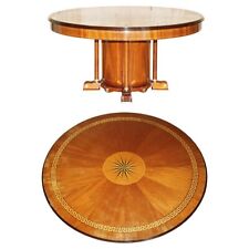 LARGE FLAMED MAHOGANY 6-8 PERSON ROUND DINING TABLE WITH GREEK KEY DESIGN INLAY