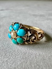 GEORGIAN / VICTORIAN 18ct GOLD TURQUOISE FORGET ME NOT RING 3g ENGRAVED BAND N