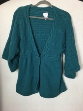 Scribo Cardigan Teal Green Wool Angora Wide 3/4 Sleeve Single Snap Closure Large