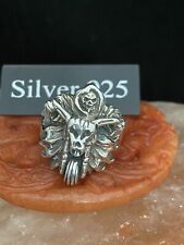 Solid Silver Large Grim Reaper Skull Riding Chopper Ring