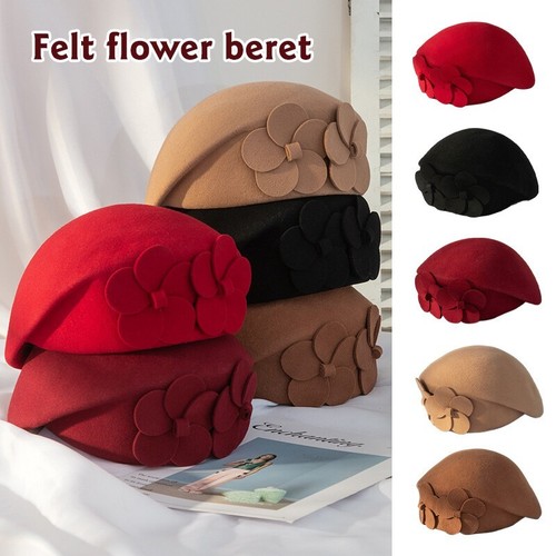 Vintage wool felt flower beret - felt,