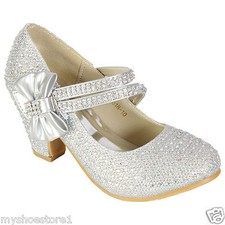 GIRLS WEDDING SHOES PARTY BRIDESMAID DIAMANTE LOW HEEL MARY JANE EVENING SANDAL