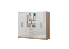 Modern 6 Door Large Mirrored Wardrobe – High Gloss WHITE with 3 Drawers