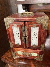 Vintage Chinese Wooden Lined Jewellery Box With Brass & Jade Decoration