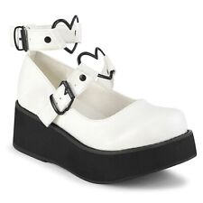 Demonia Sprite-02 Chunky Platform White Shoes Ankle Strap Faux Leather, UK8 EU42