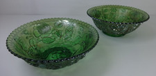 Vintage Green Bowls Pressed Glass Floral Embossed Design Matching Pair 19cm