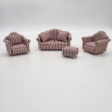 Dolls House Minature Size Arm Chairs And Sofa Red White striped 