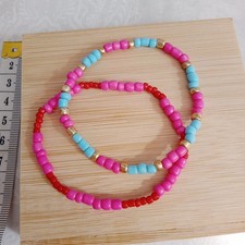 SET of 2 bracelets Bohemian Dainty 4mm beaded Stretch Stack Pink Red Blue Gold