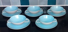 5 Poole Pottery twin tone twin-handled soup bowls with saucers, grey and blue