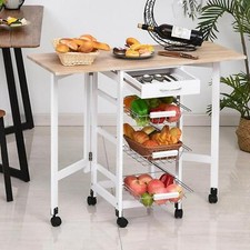HOMCOM Drop-Leaf Kitchen Trolley w/ 3 Baskets Drawer Surface Top 6 Wheels White