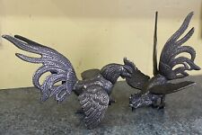 Silver in colour Vintage Pair Fighting Cocks Roosters Statues - 550g - Italy 